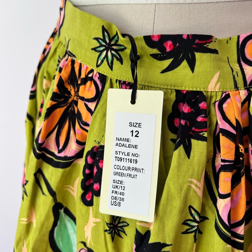 Lindy Bop Adalene Midi Skirt Green Fruit Print Button Front Pockets US 8 - Picture 6 of 7